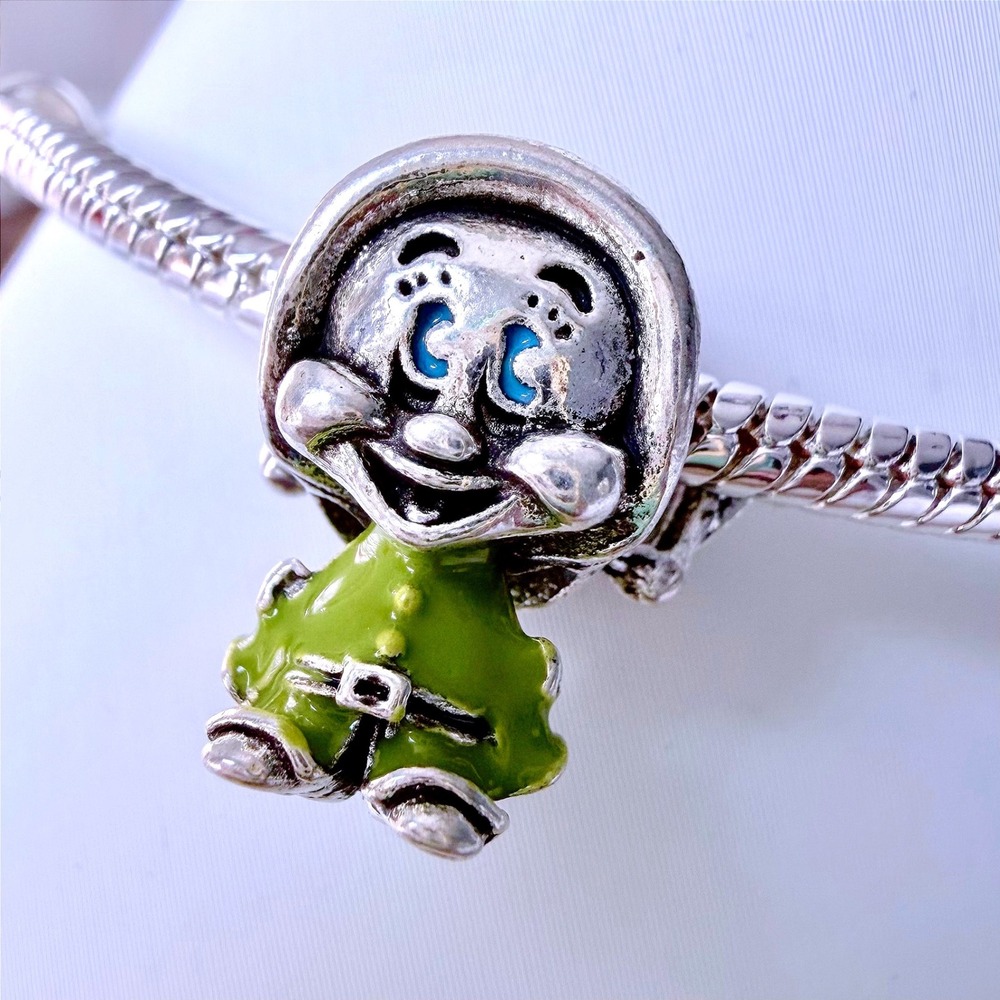 Dwarf Dopey Silver Bead Charm Fits Snake Chain Bracelet Green Purple Enamel